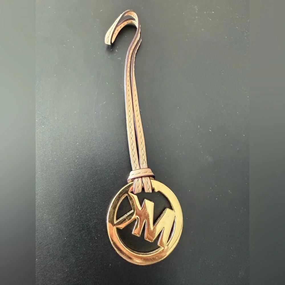 Michael Kors Gold Tone MK Logo Keychain with Tan Leather Strap